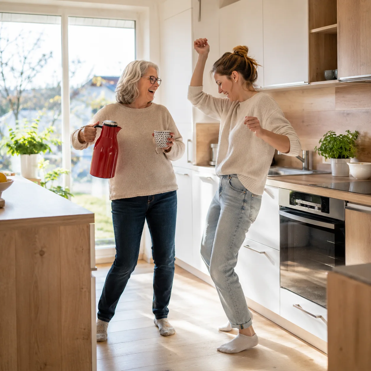 A mother and adult daughter dancing together in a bright kitchen
